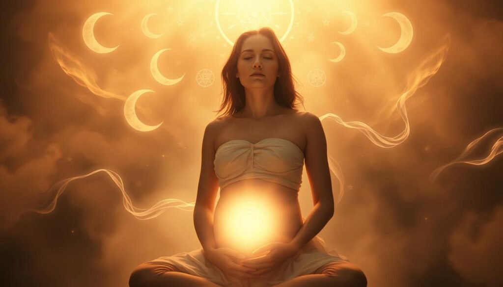 A mystical, dreamlike scene of a woman in deep spiritual contemplation, surrounded by ethereal symbols of pregnancy and divine feminine energy. In the foreground, the figure glows with an inner light, her hands resting gently on her belly. Swirling tendrils of energy and symbolic imagery, such as crescent moons, celestial patterns, and flowing fabrics, create a sense of otherworldly mysticism in the middle ground. The background is shrouded in a hazy, ethereal mist, suggesting a liminal, subconscious realm. Soft, ambient lighting bathes the scene in a warm, meditative glow, evoking a profound sense of spiritual introspection and the sacred mysteries of new life.