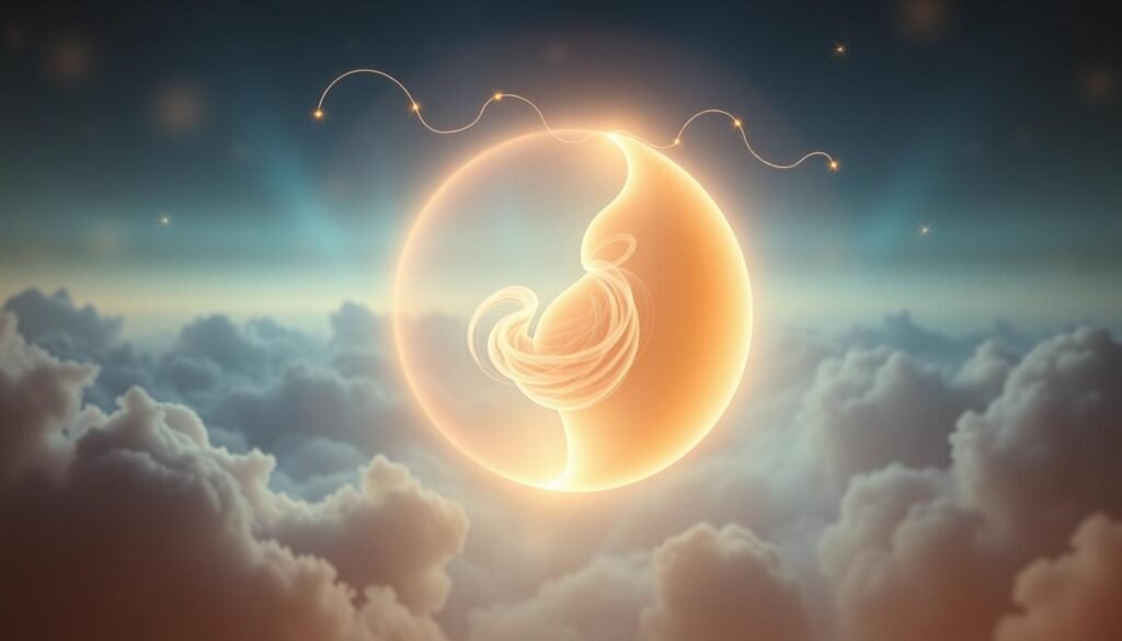 A mystical, dreamlike visualization of pregnancy symbolism. In the foreground, a luminous, translucent womb glows with a soft, ethereal light, radiating a sense of life and creation. Within it, a swirling, abstract fetus-like form dances, representing the subconscious energies of gestation. The middle ground features a serene, cloud-like background, evoking the subconscious realm of dreams. Delicate, gossamer-like tendrils emanate from the womb, connecting it to the broader symbolic landscape. The overall atmosphere is one of wonder, introspection, and the profound mysteries of the human experience.