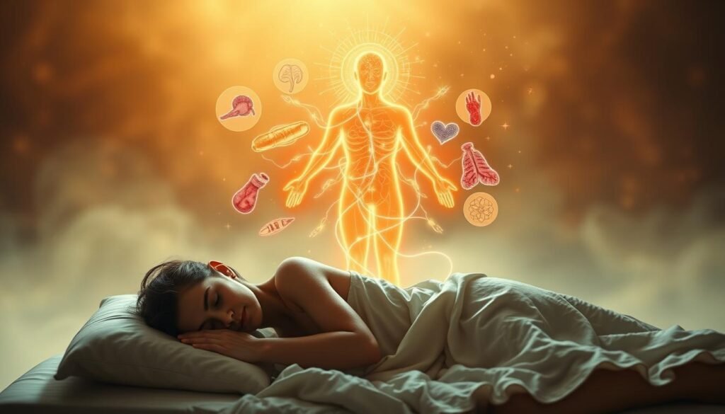 A mystical dreamscape depicting the symbolic connection between physical health and spiritual well-being. In the foreground, a glowing, ethereal figure representing the human spirit hovers over a sleeping person, their body radiating vibrant energy. In the middle ground, symbolic representations of common health ailments &ndash; a bleeding nose, a cough, a rash &ndash; emerge from the figure's aura, intertwining with ethereal wisps. The background is a hazy, transcendent realm of swirling colors and celestial motifs, evoking the non-physical, subconscious realm of dreams. Soft, warm lighting casts a serene, contemplative atmosphere, inviting the viewer to ponder the deeper meaning behind physical symptoms in the spiritual dimension.