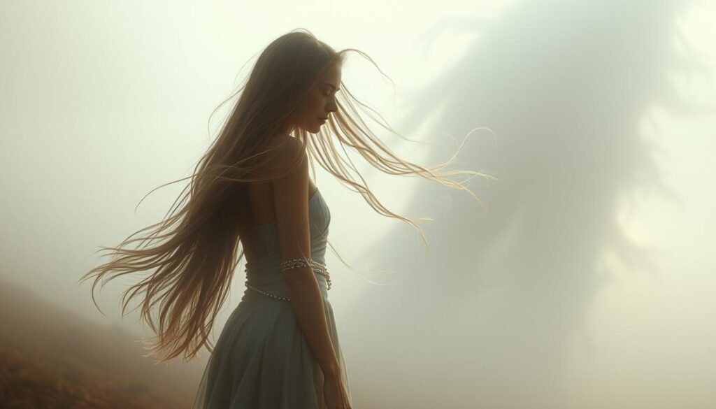 A mystical dreamscape unfolds, revealing the deeper symbolism of long hair. In the foreground, a serene figure with flowing locks stands amidst a hazy, ethereal landscape. Soft, diffused lighting casts gentle shadows, lending an air of tranquility and introspection. In the middle ground, wispy tendrils of hair intertwine, hinting at the untamed power and hidden secrets they may conceal. The background opens up to a realm of imagination, where the boundaries between waking and dreaming blur, inviting the viewer to explore the biblical significance of long-haired individuals and their role in the subconscious. The overall mood is one of contemplation, mystery, and the boundless possibilities of the human psyche.