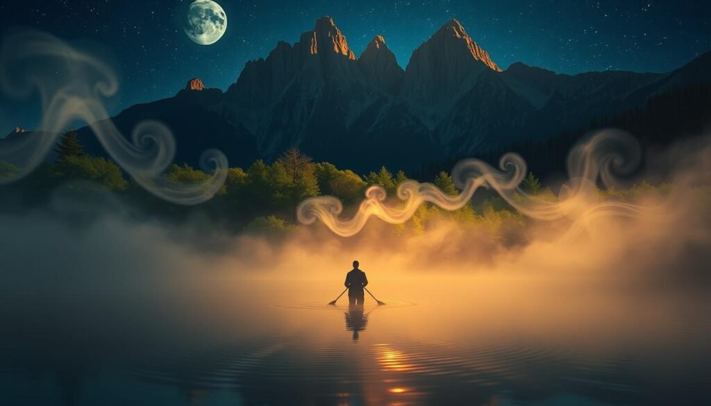 A mystical dreamscape unfolds, symbolizing the transitory nature of life. In the foreground, a figure navigates a serene, moonlit river, their reflection rippling on the water's surface. Surrounding them, ethereal wisps of mist intertwine, creating a sense of otherworldly transition. In the middle ground, a lush, verdant forest stands as a testament to renewal, its branches reaching skyward. The background is dominated by towering, craggy mountains, their peaks piercing the starry night sky, evoking the grandeur and permanence of the natural world. Soft, warm lighting illuminates the scene, casting a contemplative, introspective mood. This dreamlike composition conveys the profound transformation and personal growth that can emerge during times of change and uncertainty.