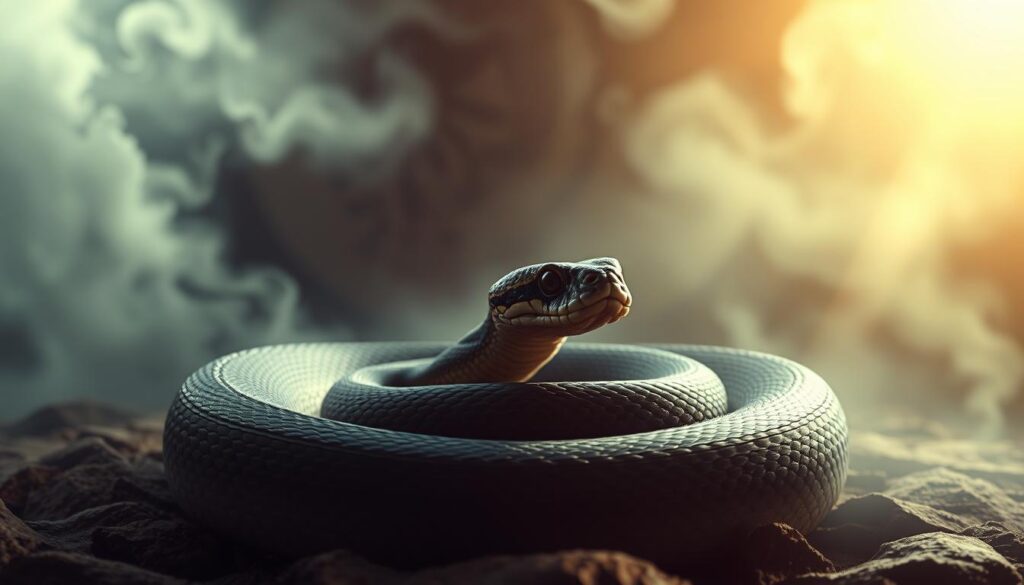 A mystical dreamscape unravels, where a coiled rattlesnake lies at the center, its scales shimmering with ancient wisdom. The serpent's gaze pierces the veil, beckoning the viewer to delve into the depths of subconscious symbolism. Ethereal light filters through wispy clouds, casting a serene, otherworldly glow. Intricate patterns of Native American petroglyphs adorn the background, hinting at the serpent's profound spiritual significance. A sense of timelessness and connection to the natural world permeates the scene, inviting the viewer to contemplate the hidden meanings within the rattlesnake's dream-like presence.