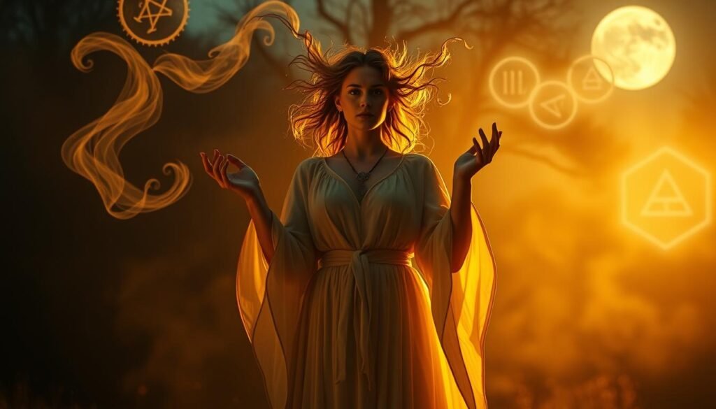 A mystical dreamscape where gender symbolism intertwines with witchcraft. In the foreground, a powerful female figure stands, her hands raised in an enchanting gesture. Her androgynous features and flowing robes hint at the fluidity of gender expression. Swirling mists and wispy tendrils of energy surround her, suggesting the supernatural nature of her powers. In the middle ground, ethereal symbols and runes float, casting an otherworldly glow. The background is shrouded in shadows, with hints of a nocturnal landscape - perhaps a forest or a moonlit clearing, evoking the traditional settings of witch lore. Warm, golden lighting illuminates the scene, creating an atmosphere of mysticism and intrigue. The overall composition conveys the deep connection between gender identity and the arcane world of witchcraft.