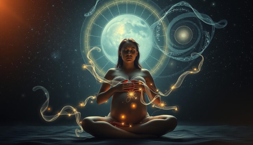 A mystical, ethereal scene of a pregnant woman in a meditative pose, surrounded by a halo of light and cosmic energy. In the foreground, she sits cross-legged, her hands resting gently on her belly, eyes closed in deep contemplation. Wisps of translucent, ethereal energy emanate from her body, intertwining with celestial patterns and symbols. In the middle ground, a starry night sky stretches out, its inky blackness punctuated by swirling galaxies and glowing nebulae. In the background, a sense of infinite, spiritual dimension, with soft, diffused lighting casting a serene, otherworldly glow. The overall mood is one of profound connection, divine manifestation, and the mysteries of the unborn.