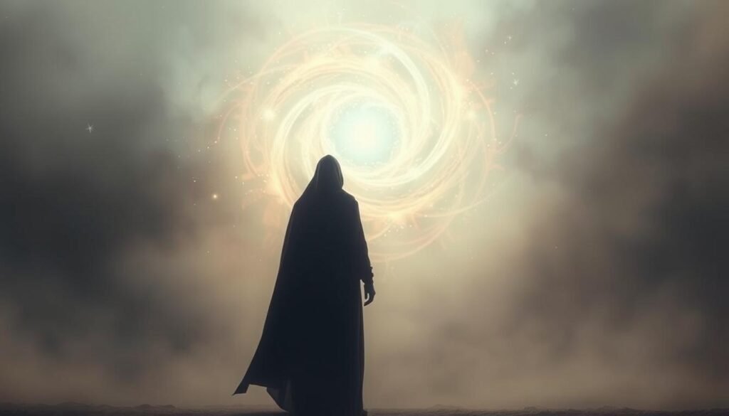 A mystical figure stands in the foreground, their robed form casting a long, ethereal shadow. Behind them, a swirling vortex of energy pulses with otherworldly hues, hinting at the risks and vulnerabilities of dream walking. The background is shrouded in a hazy, dreamlike mist, creating a sense of the unknown and the unseen. Soft, diffuse lighting illuminates the scene, lending an air of reverence and caution. The overall composition evokes a sense of spiritual exploration and the potential for both enlightenment and peril.