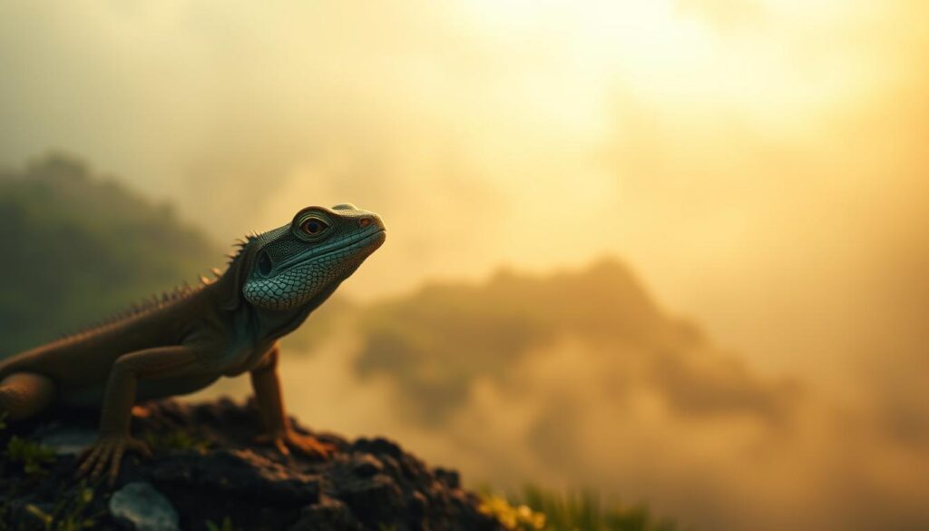 A mystical, introspective scene depicting the spiritual meaning of lizard dreams. In the foreground, a serene, glowing lizard gazes contemplatively, its eyes conveying ancient wisdom. The middle ground features a lush, verdant landscape with swirling mist, hinting at the dreamlike, otherworldly quality of the experience. The background is shrouded in a golden, ethereal light, creating a sense of transcendence and connection to the divine. Soft, warm tones pervade the image, evoking a sense of comfort and inner reflection. Captured with a wide-angle lens to emphasize the expansive, immersive nature of the spiritual encounter.