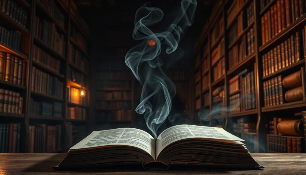 A mystical library, dimly lit with warm, ambient lighting casting an ethereal glow upon an array of bookshelves. The shelves are adorned with tomes of varied ages and sizes, their spines emblazoned with arcane symbols and mystical sigils, hinting at the hidden knowledge they contain. Wisps of smoke drift lazily through the air, adding to the contemplative, introspective atmosphere. In the foreground, a single, weathered book rests open, its pages fluttering as if revealing its secrets. The scene evokes a sense of discovery, of unlocking the subconscious and unveiling the hidden truths that lie within the depths of the mind, like forgotten books waiting to be rediscovered.
