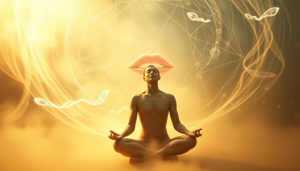 A mystical scene of spiritual symbolism in dreams. In the foreground, a serene, androgynous figure sits in a meditative pose, their eyes closed and expression tranquil. Surrounding them, a swirling vortex of ethereal energies - ribbons of light, glowing orbs, and abstract geometric patterns. In the middle ground, a pair of floating, disembodied lips, gently touching, symbolizing a divine, otherworldly kiss. The background is shrouded in a hazy, dreamlike mist, conveying a sense of the subconscious and the numinous. Soft, warm lighting illuminates the scene, creating an atmosphere of contemplation and inner revelation. Captured with a wide-angle lens to emphasize the immersive, transcendent quality of the imagery.
