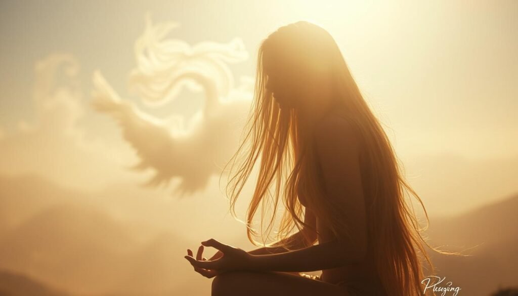 A mystical scene unfolds, bathed in soft, ethereal light. In the foreground, a figure with cascading locks of hair hovers in a meditative pose, their features obscured by a veil of golden strands. The middle ground reveals a dreamscape of swirling, translucent forms, hinting at spiritual insights. In the background, a hazy, celestial landscape sets the stage for this profound vision. Subtle lens flares and a warm, almost sepia-toned palette lend an air of reverence and timelessness to the scene. This image captures the sacred, inward-looking nature of long-haired spiritual visions, inviting the viewer to ponder the hidden wisdom of such dreams.