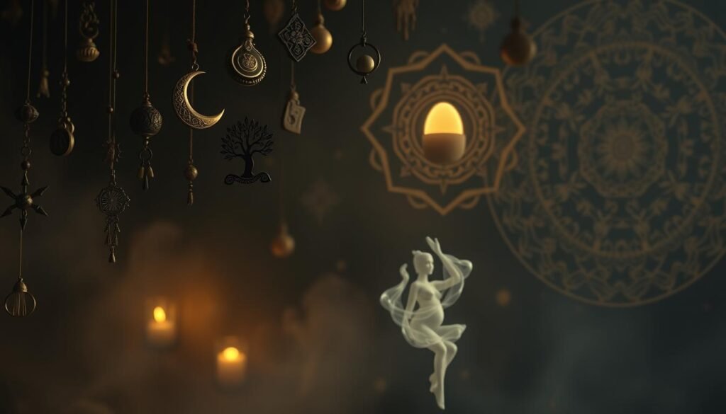 A mystical tapestry of cultural dream symbols floating in a dimly lit, ethereal realm. In the foreground, ancient talismans and amulets hover, imbued with spiritual significance - a crescent moon, a tree of life, a snake coiled around an egg. In the middle ground, wispy, translucent shapes suggest the forms of pregnant figures, wombs, and cradles, while in the background, intricate mandalas and celestial motifs swirl, hinting at the cosmic dimensions of pregnancy and loss. Diffused, warm lighting casts a meditative glow, evoking a sense of timeless wisdom and the sacred mysteries of the subconscious mind.