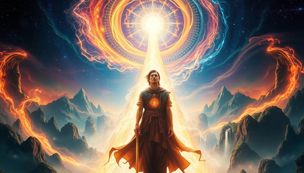 A mystical warrior emerges from a swirling vortex of ethereal energy, their body glowing with an otherworldly luminescence. In the foreground, the warrior stands tall, their face serene and determined, as they gaze outward with a sense of spiritual purpose. Surrounding them, the middle ground is filled with a dreamscape of fantastical landscapes, with towering mountains, floating islands, and cascading waterfalls, all infused with a kaleidoscopic array of colors. In the background, the sky is ablaze with a celestial symphony of stars and cosmic phenomena, creating a sense of boundless possibility and the interconnectedness of all things. The overall mood is one of transformative power, as the warrior's triumph over their inner demons represents a profound spiritual awakening.