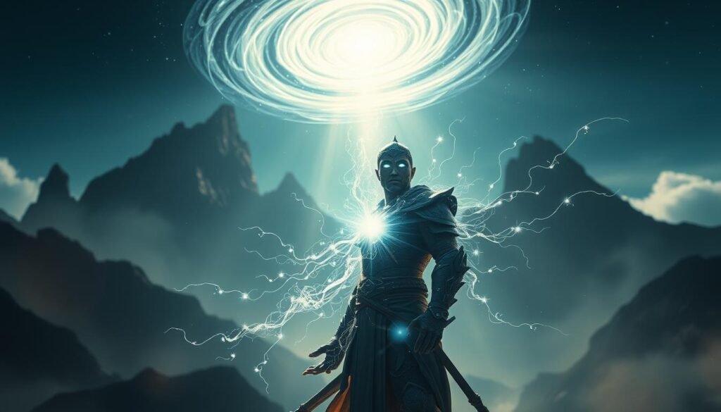 A mystical warrior stands in a dream realm, radiant energy pulsing from their being. Towering mountains in the background, a swirling vortex of celestial light above. The warrior's eyes glow with spiritual authority, their posture exuding divine power. Ethereal wisps of energy converge around them, as if channeling the forces of the cosmos. Dramatic lighting creates a sense of heightened consciousness, the scene imbued with a transcendent, otherworldly atmosphere. Captured through a cinematic, high-contrast lens, this image embodies the spiritual triumph of dream combat.