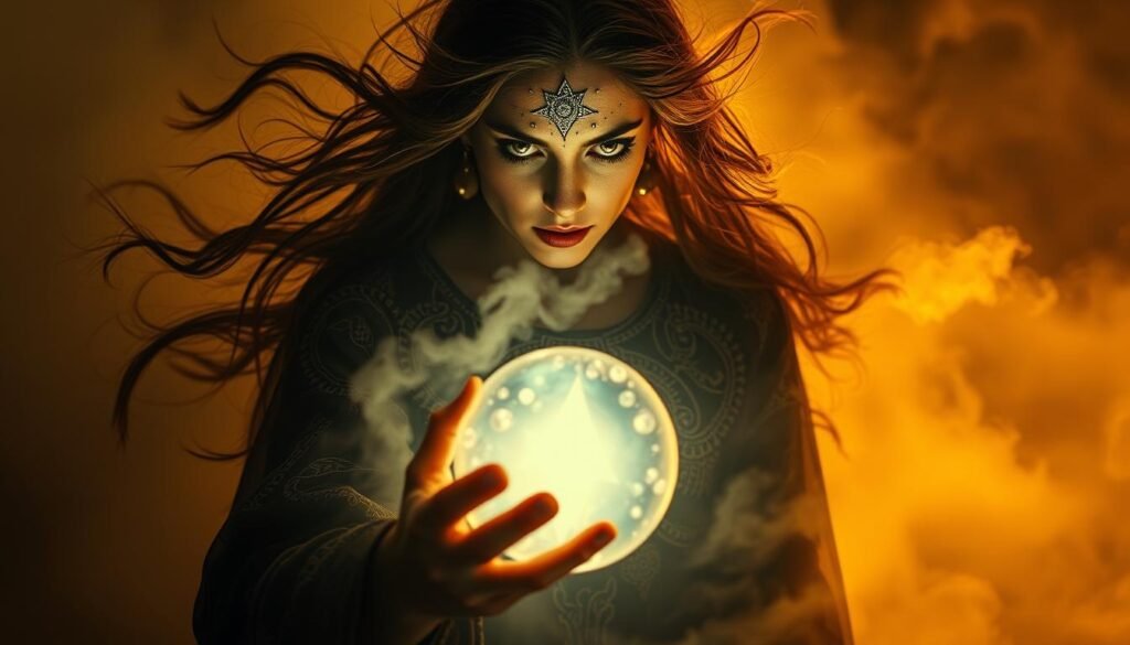 A mystical witch emerges from swirling mist, her eyes glowing with inner power. Intricate patterns dance across her flowing robes, weaving together ancient symbols of transformation. In the foreground, a crystal orb radiates a soft, otherworldly light, hinting at the witch's connection to unseen forces. The background is shrouded in a dreamlike haze, suggesting a realm of subconscious visions and personal awakening. Warm, golden tones create an atmosphere of transcendent wisdom, while dramatic shadows and highlights accentuate the witch's commanding presence. Dramatic, cinematic lighting casts an ethereal, magical glow over the entire scene.