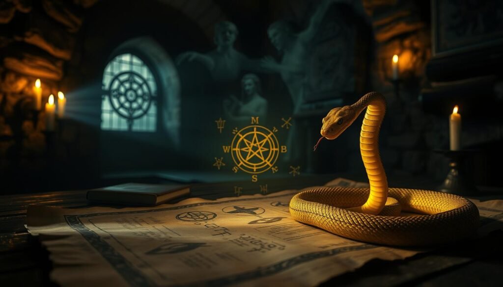 A mystical yellow serpent coiled upon ancient parchment, casting an ominous glow. In the middle ground, arcane symbols and sigils float in an ethereal haze, hinting at prophetic warnings. The background depicts a dimly lit, atmospheric chamber, with shadows creeping across weathered stone walls. Soft candlelight flickers, imbuing the scene with an air of occult mystery. The lighting is dramatic, with stark contrasts and deep shadows, heightening the sense of foreboding. Capture this image with a wide-angle lens to convey a sense of grandeur and the weight of the subject matter.