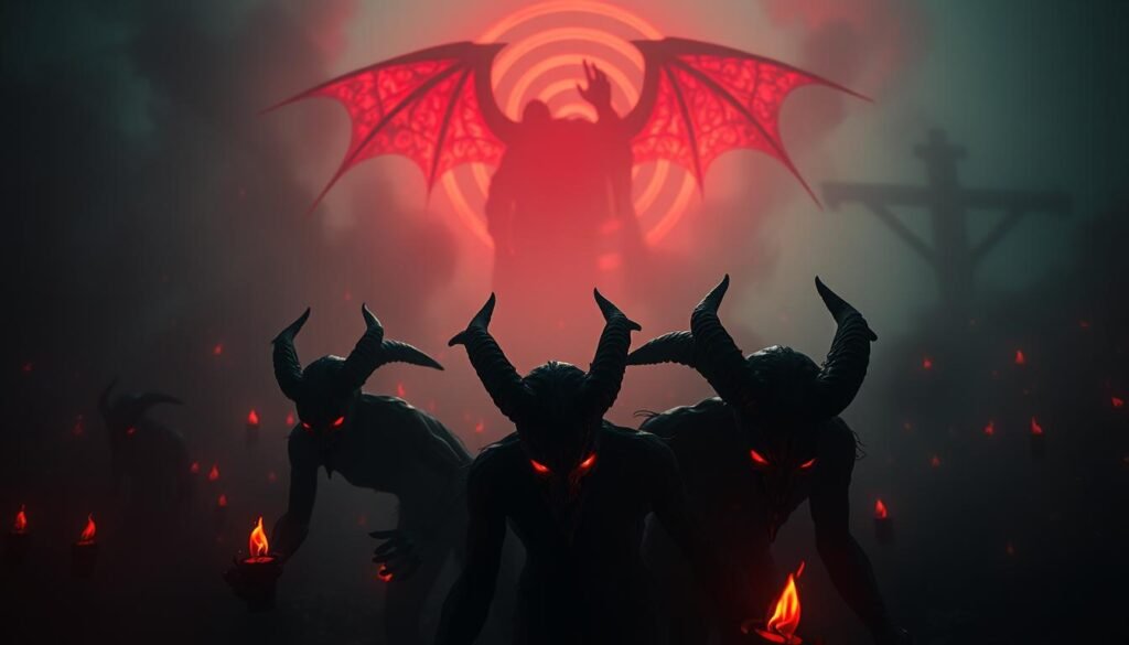 A nightmarish dreamscape filled with haunting devil symbols, aglow with an eerie crimson light. In the foreground, twisted demonic figures loom, their eyes burning with malevolence. Surreal, abstract shapes swirl in the middle ground, hinting at the subconscious forces at play. The background is shrouded in a hazy, unsettling atmosphere, punctuated by ominous shadows and the faint outline of a horned, looming presence. The overall scene conveys a sense of spiritual unease and the darker recesses of the human psyche. Cinematic lighting and a moody, high-contrast aesthetic amplify the sense of dread and the struggle between light and dark.