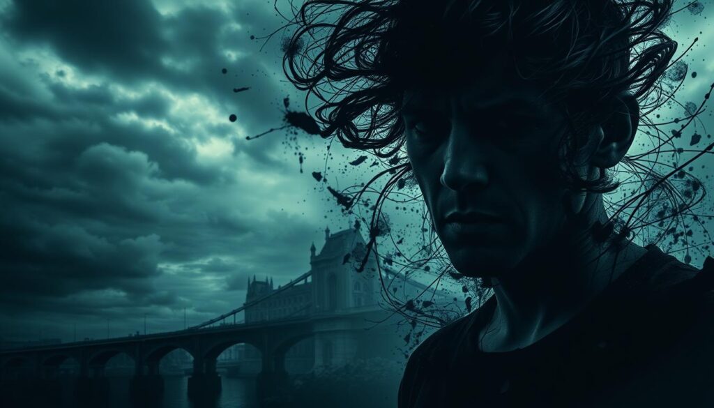 A nightmarish dreamscape where trust is shattered, and familiar faces become dark harbingers. In the foreground, a figure is consumed by a swirling maelstrom of doubt and betrayal, their expression haunted and distressed. The middle ground reveals a fractured landscape, broken bridges, and crumbling edifices, symbolizing the decay of relationships. The background is shrouded in an ominous, brooding atmosphere, with ominous clouds and a sense of unease permeating the scene. Lighting is dramatic, with sharp contrasts and shadows, evoking a sense of psychological tension. The overall composition conveys the complex and unsettling nature of relationship issues and trust problems, as if seen through the lens of a troubled dream.