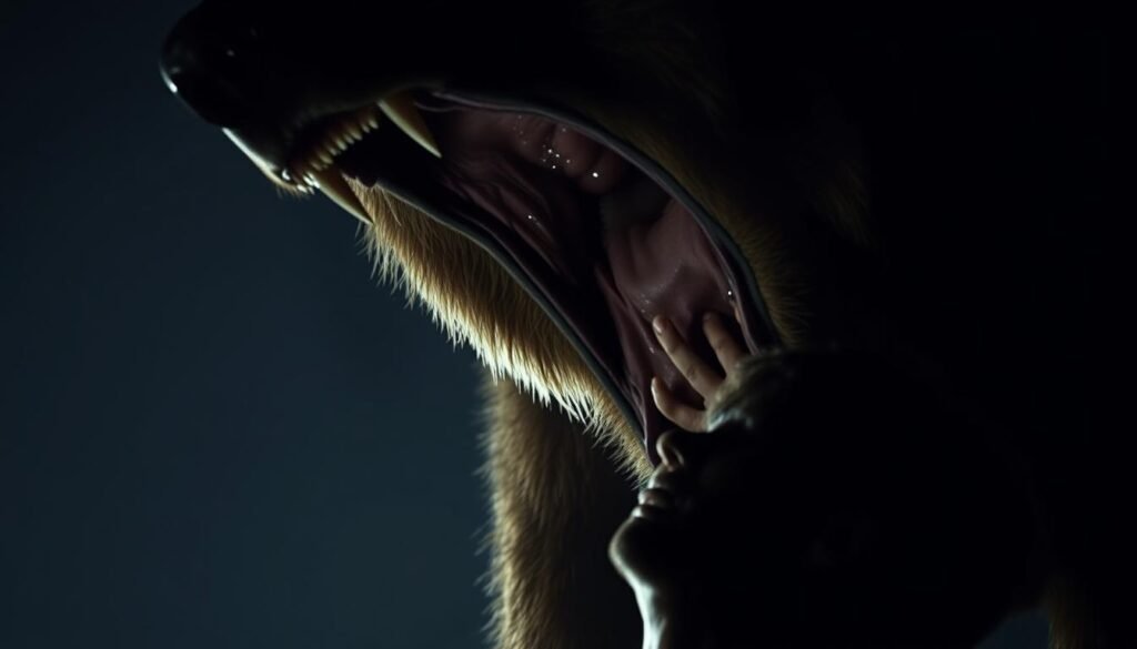 A nightmarish scene of a person being confronted by a towering, snarling brown bear, its jaws open wide, teeth bared. The person's face is contorted in pure terror, eyes wide, mouth agape. Dramatic chiaroscuro lighting casts deep shadows, heightening the sense of dread. The bear's massive form looms over the terrified individual, creating a visceral, unsettling tension. The background is muted and blurred, keeping the focus on the emotional intensity of the bear attack. An eerie, dreamlike atmosphere pervades the scene, heightening the disturbing nature of the encounter.