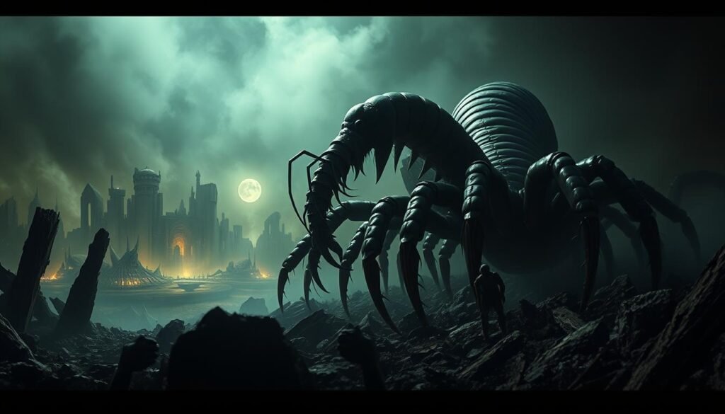 A nightmarish vision of a giant centipede, its segmented body writhing in a surreal, dreamlike landscape. The creature's numerous legs scuttle across a shadowy, otherworldly terrain, surrounded by an eerie, ethereal glow. Towering over the foreground, the centipede's compound eyes and venomous fangs exude a sense of primal terror, as if emerging from the depths of the subconscious. The middle ground features a distorted, fragmented reality, with disjointed shapes and forms that evoke a sense of disorientation and psychological unease. In the background, a hazy, nebulous void suggests the boundless, boundless nature of the dream state. Dramatic chiaroscuro lighting casts dramatic shadows, heightening the sense of drama and unease. An unsettling, surreal vision that captures the profound symbolic significance of the centipede in the realm of the dream.