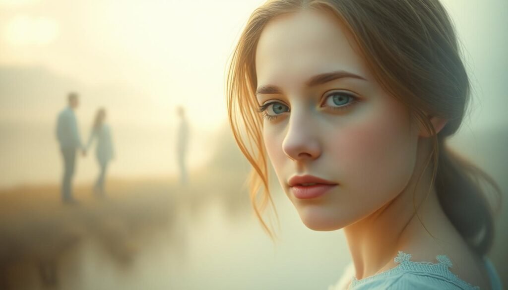 A nostalgic dreamscape, hazy and ethereal, where memories intertwine. In the foreground, a young woman's face, her expression wistful and contemplative, as if lost in the recollection of a cherished past. Soft, muted tones of pastel blues and pinks permeate the scene, evoking a sense of longing and nostalgia. In the middle ground, blurred and indistinct figures, ghostly remnants of former relationships, fade in and out of focus, symbolizing the influence of the past on the present. The background is a swirling, impressionistic landscape, with a warm, golden glow casting a dreamlike quality over the entire composition, as if the viewer is being transported to a realm of nostalgia and memory.