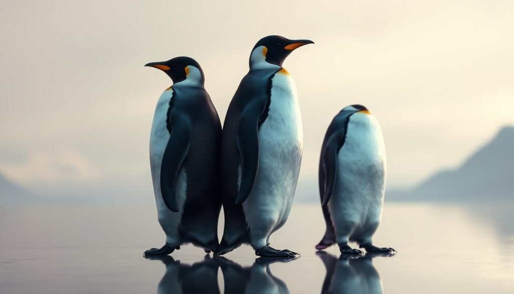 A pair of elegant penguins, one in black and white, the other in shimmering hues of blue and purple, standing back-to-back on a smooth, reflective surface, symbolizing the duality and balance within. Soft, diffused lighting casts a serene, contemplative atmosphere, as if the penguins are in deep contemplation. The background is a muted, ethereal landscape, hinting at the spiritual realm. The penguins' poses convey a sense of harmony and interconnectedness, their contrasting colors and patterns emphasizing the complementary nature of opposites.
