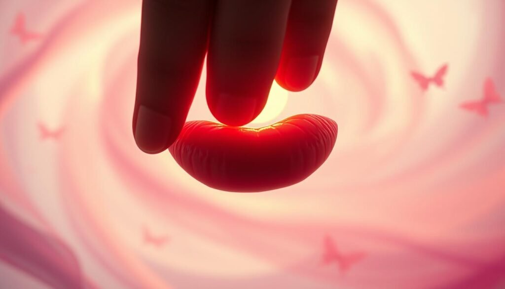 A pair of ethereal, translucent lips hovering in the foreground, their touch conveying the essence of a romantic encounter. In the middle ground, a swirling, dreamlike background of soft, pastel hues - pinks, purples, and blues - evoking the subconscious realm of the psyche. The overall scene is bathed in a warm, golden light, creating an intimate, introspective atmosphere. Hints of symbolic imagery, such as fluttering butterflies or delicate flower petals, suggest the interpretive nature of the dream experience. The composition is balanced and harmonious, inviting the viewer to contemplate the deeper meaning of this intimate, yet ambiguous, moment.