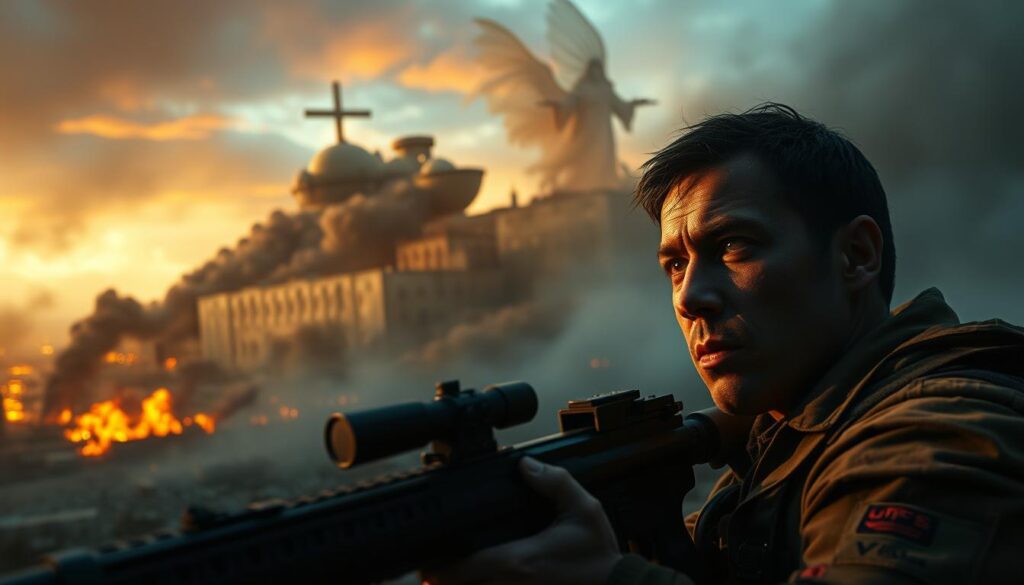 A panoramic visualization of various types of war-related dreams. In the foreground, a soldier engaged in combat, their face etched with determination. In the middle ground, a cityscape in flames, smoke billowing into a turbulent sky. In the background, a ghostly figure representing the spiritual realm, symbolic of the deeper meaning behind these unsettling visions. The lighting is dramatic, with a mix of warm hues and cool shadows, creating an atmosphere of unease and tension. The lens is wide-angle, capturing the full scope of this symbolic landscape, inviting the viewer to explore the nuances of war-related dreams.