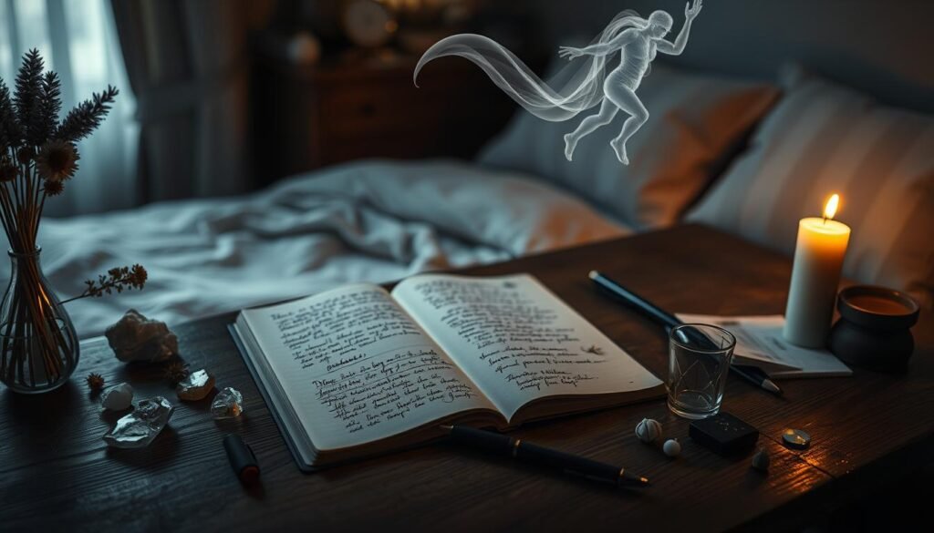 A peaceful, dimly lit bedroom with soft, ambient lighting. On a wooden desk, an open journal lies next to a pen, surrounded by crystals, dried flowers, and a burning candle. The journal pages are filled with handwritten notes and sketches, capturing the essence of dreamscapes. Floating above the desk, a wispy, ethereal figure emerges, symbolizing the connection between the dreaming mind and the physical realm. The atmosphere is one of introspection, mindfulness, and the exploration of the subconscious.