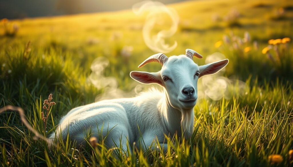 A peaceful, dreamlike scene of a domestic goat nestled in a cozy, sun-dappled meadow. The goat's eyes are closed, its expression serene and content. Wispy tendrils of mist rise from the lush, verdant grass, creating a soft, ethereal atmosphere. In the background, a gently rolling hillside is dotted with fragrant wildflowers, suggesting a sense of stability and nurturing. The lighting is warm and diffused, casting a golden glow that envelops the scene. The overall mood is one of tranquility, security, and the gentle embrace of nature.