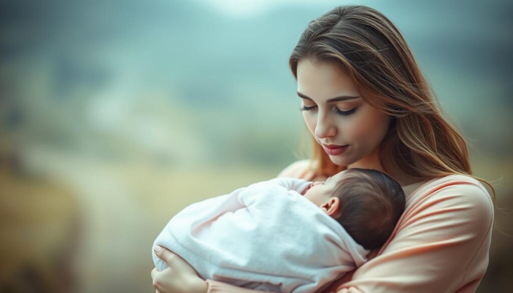 A peaceful, dreamlike scene of a young woman gently cradling a baby girl in her arms. The foreground is softly lit, highlighting the tender moment between mother and child. The woman's expression is serene, her gaze lovingly focused on the infant. In the background, a hazy, ethereal landscape unfolds, evoking a sense of tranquility and the subconscious realm of dreams. The image conveys the warmth, wonder, and profound emotional connection experienced when dreaming of holding a newborn baby girl.