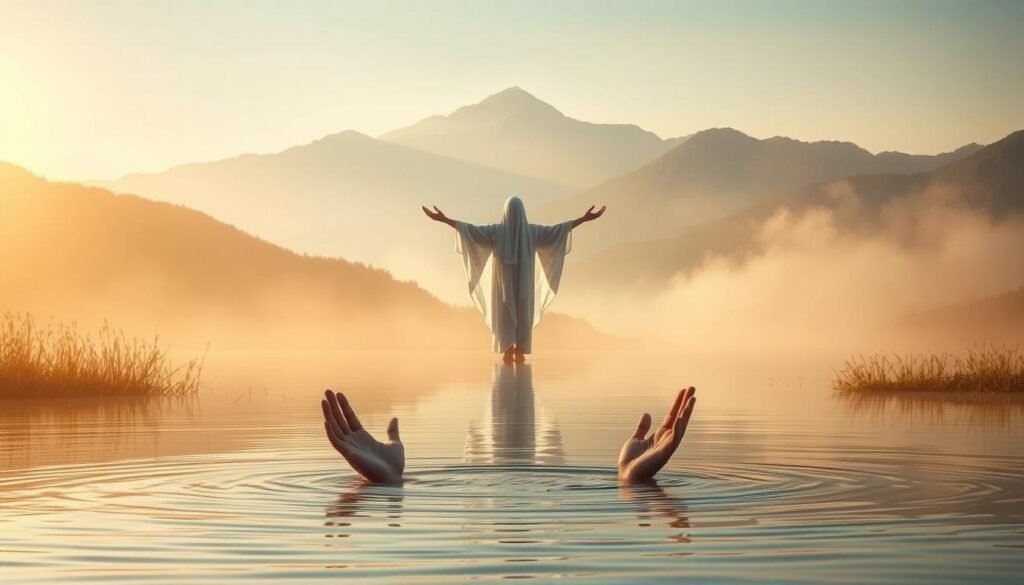 A peaceful, ethereal landscape bathed in a warm, golden glow. In the foreground, a serene lake reflects a pair of hands emerging from the water, symbolic of the soul's liberation. In the middle ground, a figure in a flowing white robe stands with arms outstretched, their face obscured by a veil of mist, representing divine guidance. Behind them, a towering mountain range shrouded in a hazy, dreamlike atmosphere, evoking the spiritual and subconscious realms. The scene is imbued with a sense of tranquility, introspection, and the letting go of earthly burdens, mirroring the transformative process of divorce on a profound, soulful level.