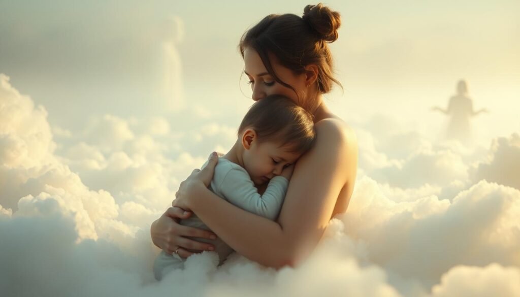 A peaceful, ethereal landscape of a mother and child floating amidst a sea of milk-white clouds. The mother's face is obscured, but her gentle, nurturing embrace conveys a sense of profound connection and comfort. Soft, diffused lighting bathes the scene in a warm, dreamlike glow, creating an atmosphere of tranquility and introspection. In the background, ghostly silhouettes of maternal figures emerge, hinting at the deep, primal symbolism of milk and motherhood. The composition is balanced and harmonious, drawing the viewer into the intimate, mystical realm of the maternal subconscious.