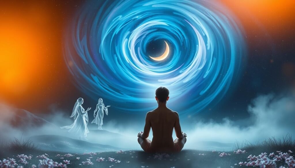A peaceful, ethereal landscape with a dreaming figure immersed in spiritual contemplation. In the foreground, a person sits cross-legged, eyes closed, enveloped in a luminous aura. Behind them, a swirling vortex of energy in shades of blue, purple, and white, representing the flow of divine guidance. In the middle ground, transparent, ghostly figures emerge, conveying the presence of spiritual entities offering insight. The background features a starry night sky, with a crescent moon casting a soft, mystical glow. Delicate flower petals drift through the air, symbolizing the gentle unfolding of a spiritual awakening. Warm, diffused lighting creates a serene, contemplative atmosphere.