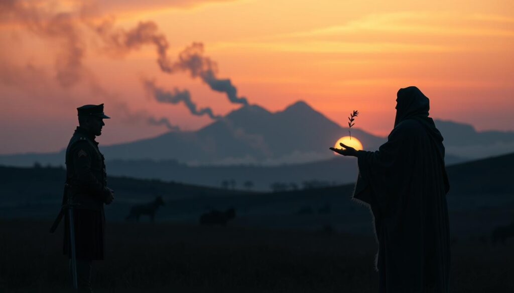A peaceful landscape at dusk, with a moody, dreamlike atmosphere. In the foreground, two figures - one in military uniform, the other in traditional robes - stand facing each other, hands outstretched in a gesture of reconciliation. The military figure's sword is sheathed, while the robed figure holds an olive branch. In the middle ground, wisps of smoke from a distant battle dissipate against a vibrant, pastel sky. In the background, a majestic mountain range silhouetted by the setting sun, symbolizing the tranquility and harmony that can follow even the most violent of conflicts. Soft, diffused lighting illuminates the scene, creating a sense of introspection and spiritual contemplation.