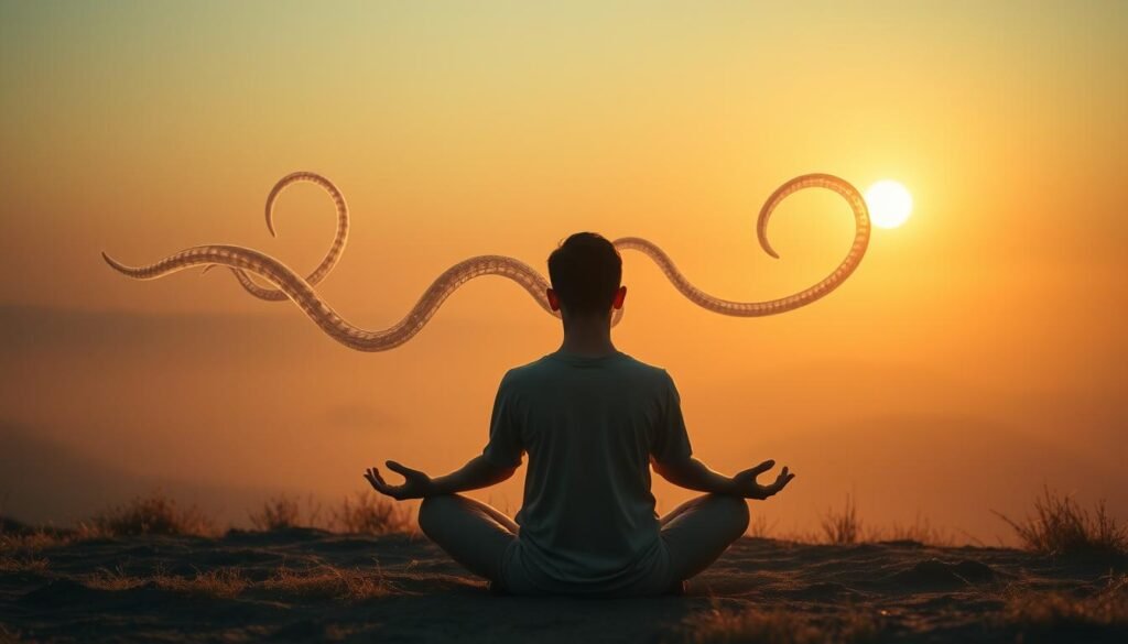 A peaceful meditation session against a serene, dreamlike landscape. In the foreground, a person sits cross-legged, eyes closed, deep in contemplation. Soft, warm lighting bathes the scene, casting a golden glow. In the middle ground, mystical, snake-like energy flows through the air, coiling and undulating. In the background, a distant, hazy horizon with a rising or setting sun. The overall atmosphere is one of tranquility, introspection, and a connection to the spiritual realm.