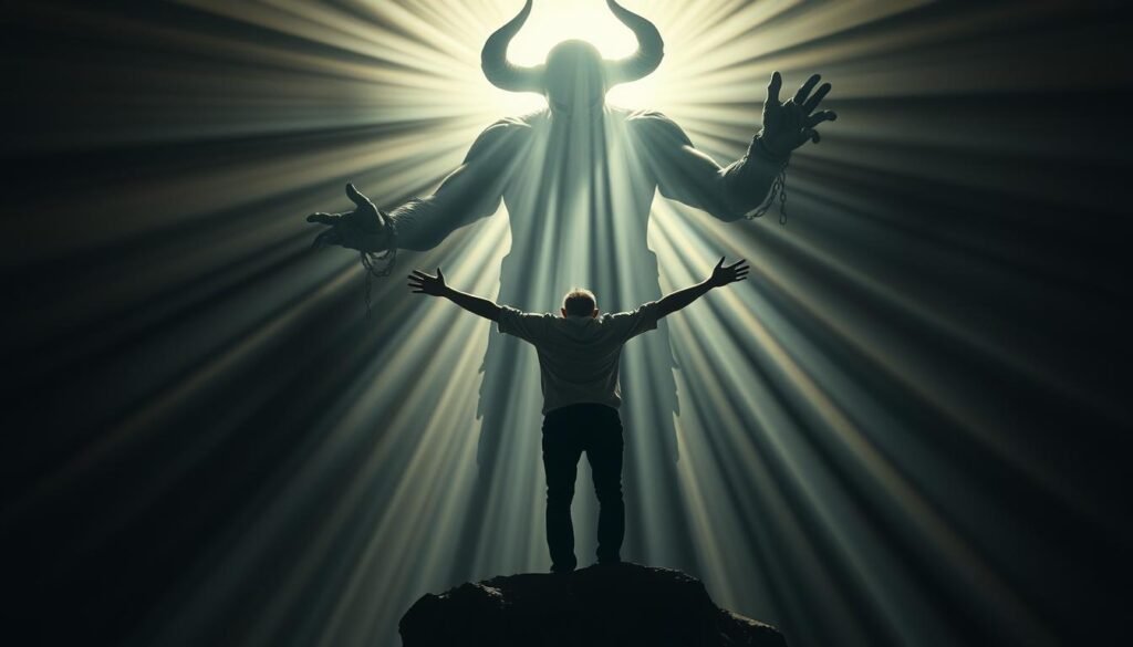 A person breaks free from the shackles of a towering, shadowy figure representing recurring nightmares and the devil. Streams of light burst forth, illuminating the scene with a sense of liberation and spiritual triumph. The figure writhes, its malevolent presence diminishing as the person rises, arms outstretched, embracing the radiant energy. Moody, dramatic lighting casts dramatic shadows, emphasizing the contrast between dark and light, fear and freedom. Shot from a low angle, the composition draws the viewer into the transformative experience, conveying the individual's inner struggle and ultimate empowerment.