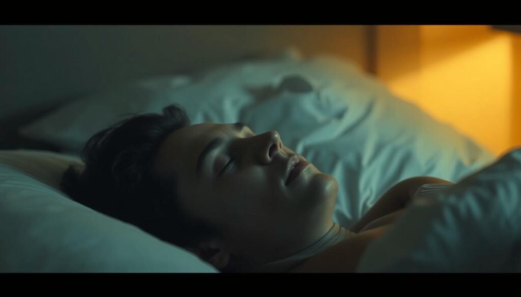 A person reclining on a bed, eyes closed, deep in thoughtful contemplation. The ex-partner's face appears as a faint, ghostly presence, fading in and out of the dreamscape. Soft, muted colors create an introspective, melancholic atmosphere. Warm, diffused lighting casts a nostalgic glow, as if illuminating the subconscious. The focus is on the dreamer's face, conveying a sense of longing, regret, or closure. The background is blurred, emphasizing the internal, psychological nature of the experience. The composition and lighting evoke a sense of wistfulness and emotional resonance with the "Past Relationship Kiss Dreams" theme.