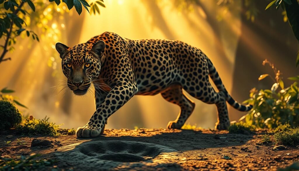 A powerful leopard prowling through a lush, mystical forest, its golden eyes blazing with inner strength and purpose. The creature's taut muscles ripple beneath its spotted coat, exuding an aura of fierce determination. Shafts of warm, golden light pierce the canopy, casting a glowing, ethereal ambiance. In the foreground, the leopard's paw leaves a distinct imprint, symbolizing the imprint of personal power and transformation. The background is shrouded in a misty, dreamlike haze, creating a sense of introspection and self-discovery. The overall scene evokes a sense of personal empowerment, resilience, and the ability to overcome challenges.
