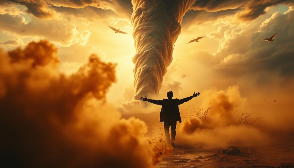 A powerful tornado formed in the midst of a biblical, dreamlike landscape. In the foreground, swirling clouds of dust and debris obscure the shifting figures of spiritual transformation. The mid-ground features a striking silhouette of a person, arms outstretched, as if embracing the turbulent forces of change. The background depicts a dramatic sky, painterly in its use of light and color - shades of amber, ochre, and indigo, conveying a sense of foreboding and awe. The entire scene is imbued with a sense of sacred mystery, a visual metaphor for the profound spiritual growth that can emerge from periods of intense upheaval.