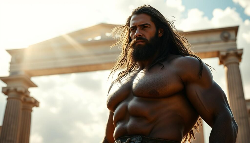 A powerfully built man with long, flowing locks of hair stands tall, his muscular frame radiating an aura of biblical strength. Sunlight filters through the clouds, casting dramatic shadows that accentuate the rippling contours of his physique. His face is determined, eyes fixed with unwavering focus, as if channeling the divine might bestowed upon him. In the background, a majestic temple or ancient ruin serves as a backdrop, hinting at the larger-than-life narrative of Samson's legendary tale. The scene exudes a sense of grandeur, capturing the essence of the biblical hero's legendary power and the mystic forces that governed his destiny.