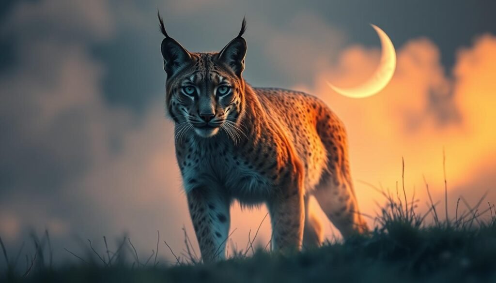 A primal bobcat, its piercing gaze locked in unwavering focus, stands amidst a dreamlike landscape. Ethereal mist swirls around its tawny, muscular form, lending an otherworldly quality. In the background, a crescent moon hangs low, casting a soft, silvery glow over the scene. The bobcat's ears are erect, alert to the slightest movement, embodying the wild, instinctual nature of this apex predator. Rays of warm light filter through the hazy atmosphere, creating a sense of mysticism and introspection. This primal symbolism evokes the deep, intuitive wisdom that a bobcat's appearance in a dream may signify - a call to reconnect with one's own untamed spirit and inner independence.
