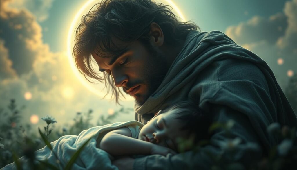 A protective parent, wreathed in a halo of gentle light, stands guard over a child sleeping peacefully in a lush, dreamlike landscape. The parent's watchful gaze, filled with tenderness and concern, scans the scene, ready to intervene at the first sign of danger. The background is a serene, ethereal realm, with wispy clouds, softly glowing orbs, and a sense of tranquility that belies the primal urge to safeguard one's offspring. The composition is balanced, with the parent and child positioned centrally, their bond the focal point of this intimate, emotionally resonant tableau.