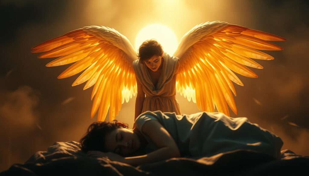 A radiant angel, wings outstretched, stands protectively over a sleeping figure, shielding them from dark, swirling shadows. Warm, golden light emanates from the celestial being, casting a serene glow across the tranquil scene. The background is shrouded in a hazy, dreamlike atmosphere, reinforcing the sense of spiritual guardianship and divine intervention. The angel's expression is one of unwavering vigilance, their gaze fixed intently on the sleeper, ready to defend against any malevolent forces that may intrude. The composition is balanced, with the angel's imposing presence in the foreground and the calming, ethereal backdrop creating a sense of safety and sanctuary.