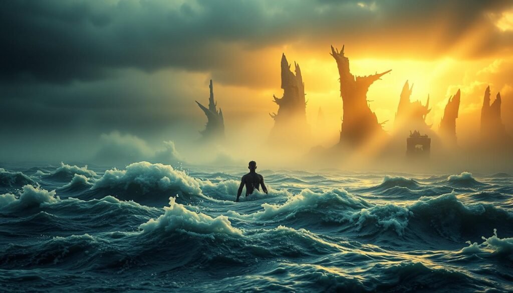 A raging river of emotions surges through a dreamscape, its turbulent waves crashing against the shores of the subconscious. In the foreground, a solitary figure is engulfed by the metaphorical flood, their body language conveying a sense of overwhelming vulnerability and loss of control. The middle ground features towering, distorted structures that symbolize the psyche's fragmented state, while the background is shrouded in a hazy, ethereal mist, evoking the illusory nature of the dream realm. The lighting is dramatic, with shafts of warm light piercing through the stormy clouds, casting an intense, almost ominous glow upon the scene. The overall atmosphere is one of heightened emotional intensity, where the boundaries between the conscious and the unconscious become blurred, mirroring the themes of the "Emotional Overwhelm and Loss of Control Symbolism" section.