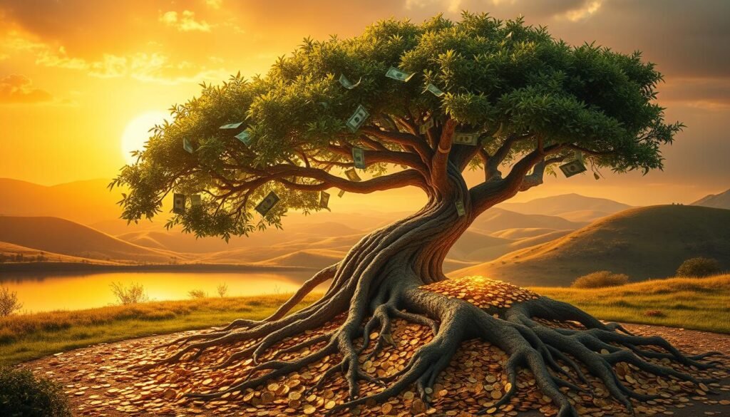 A richly detailed dream landscape with a majestic money tree growing in the foreground, its branches heavy with gleaming paper money notes. The tree's roots spread wide, intertwining with piles of gold coins and sparkling gemstones, symbolizing boundless wealth and prosperity. The middle ground features a tranquil pond reflecting the tree's image, while the background depicts rolling hills and a warm, golden sunset sky. Soft, diffused lighting bathes the scene in an aura of abundance and spiritual fulfillment. The overall mood is one of deep peace, comfort, and the promise of abundance in the dreamer's waking life.