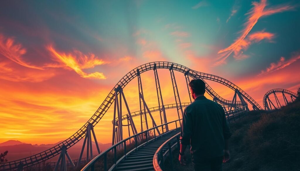 A rollercoaster soaring through a surreal, dreamlike landscape. In the foreground, a person navigates a winding path, their expression a mix of exhilaration and unease, as if the rollercoaster's twists and turns mirror the turbulence of life transitions. The sky is a kaleidoscope of vibrant hues, casting a warm, introspective glow over the scene. Wispy clouds drift lazily, evoking a sense of introspection and personal growth. The rollercoaster itself, a bold and striking centerpiece, represents the ups and downs, the thrills and fears, that accompany significant life changes. The overall composition conveys a sense of the profound and the profound within the mundane, a visual metaphor for the meaning behind rollercoaster dreams.