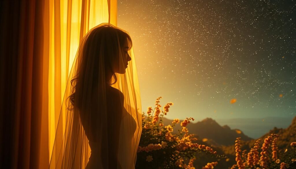 A romantic dreamscape unfolds, bathed in warm, golden light that filters through gauzy curtains. In the foreground, a figure emerges, their features obscured by a diaphanous veil, symbolizing the longing for an idealized partner. The middle ground reveals a lush, ethereal landscape, with cascading flowers and shimmering petals drifting through the air. In the background, a shimmering starry sky sets the stage for this inner manifestation of desire, evoking a sense of wonder and possibility. The overall mood is one of soft, sensual enchantment, reflecting the deeply personal and transformative nature of this imagined romantic encounter.