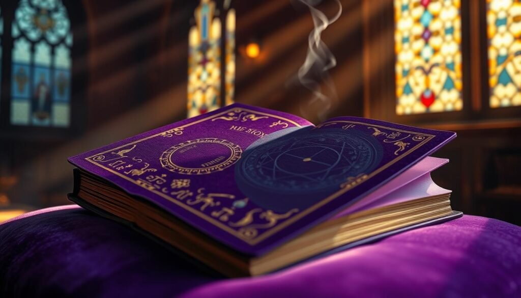 A royal purple leather-bound book, its cover embossed with intricate gold-leaf designs, rests on a plush velvet cushion. Shafts of warm, diffused light filter through stained glass windows, casting a serene, dreamlike ambiance. The book's pages flutter open, revealing detailed illustrations and mystical sigils that hint at the esoteric knowledge within. Wisps of incense drift through the air, creating an atmosphere of contemplation and spiritual awakening. The camera angle is slightly elevated, inviting the viewer to step into this enchanted realm of dream interpretation and the higher meanings of the color purple.