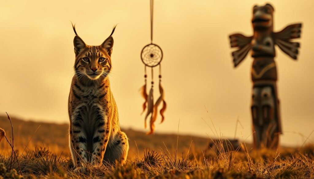 A sacred Native American landscape, bathed in warm, earthy tones. In the foreground, a majestic bobcat stands tall, its piercing gaze conveying a sense of wild independence. The feline's striking markings and powerful stance symbolize its connection to the natural world. In the middle ground, a dreamcatcher sways gently, its intricate web representing the interweaving of spiritual beliefs and the subconscious. In the distance, a towering totem pole rises, its carved figures steeped in ancient symbolism. The entire scene exudes a sense of mysticism and reverence for the bobcat's role in Native American mythology and spirituality.