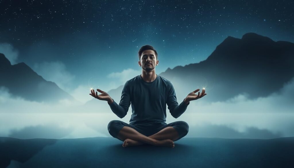 A serene and contemplative dreamscape, illuminated by soft, diffuse lighting. In the foreground, a person sits cross-legged, their expression thoughtful and introspective. Gentle wisps of ethereal energy radiate from their hands, symbolizing the emotional management techniques they are exploring. The middle ground features a tranquil lake, its surface reflecting the starry night sky above. In the background, towering mountains rise, their peaks shrouded in mist, evoking a sense of wonder and the vastness of the subconscious. The overall atmosphere is one of quiet introspection, inviting the viewer to engage in their own emotional journey.