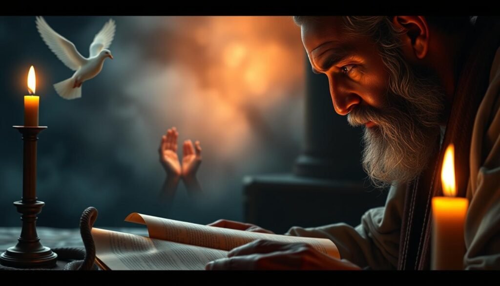A serene and contemplative scene depicting biblical dream interpretation techniques. In the foreground, a wise scholar pores over ancient scrolls, their face illuminated by the soft glow of a single candle. In the middle ground, symbolic imagery emerges from the shadows - a coiled serpent, a shimmering dove, a pair of hands raised in prayer. The background is shrouded in a hazy, dreamlike quality, hinting at the mysteries of the subconscious. The lighting is warm and atmospheric, creating an air of reverence and spiritual insight. The composition is balanced and harmonious, inviting the viewer to meditate on the profound connection between the divine and the realm of dreams.